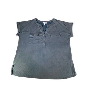 EUC J.Jill Short Sleeve Blouse Top Green w/Pockets rayon blend Women's #H39-13